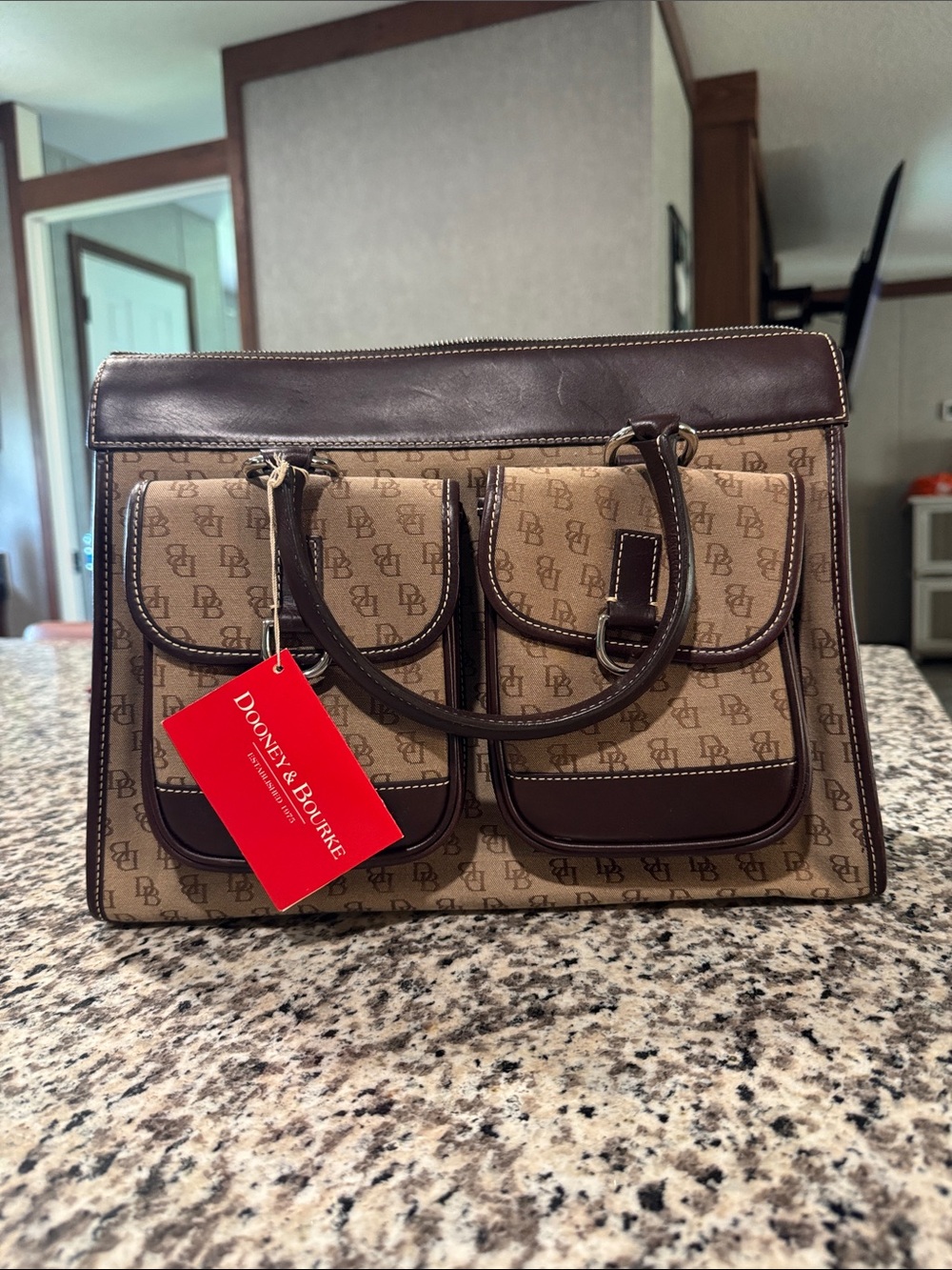 Dooney & Bourke Tan and Brown Signature Canvas Satchel with Front Pockets